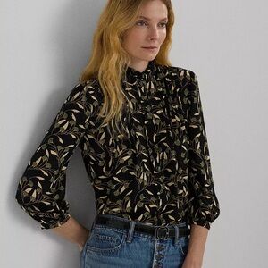 Ralph Lauren Gorgette Blouson-Sleeve Ginko Leaf Print Blouse
